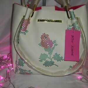 Betsey Johnson Kitsch Rose Studded Tote Bag and Wristlet Pouch Cream NWT